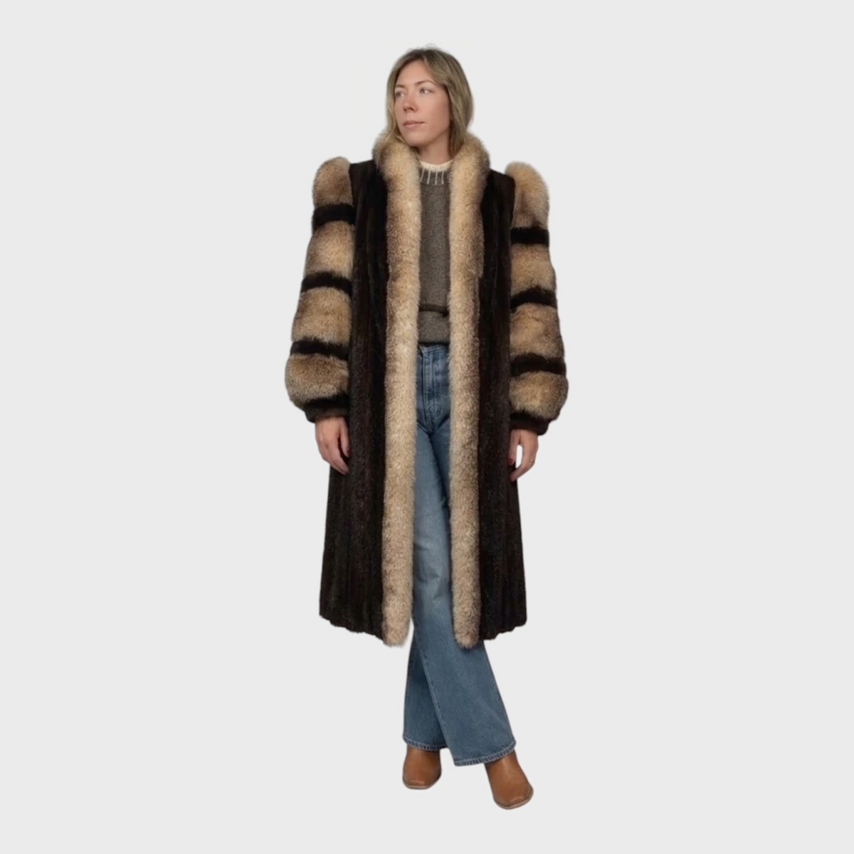 Mahogany Vintage Mink Coat with Crystal Fox Tuxedo and Sleeves