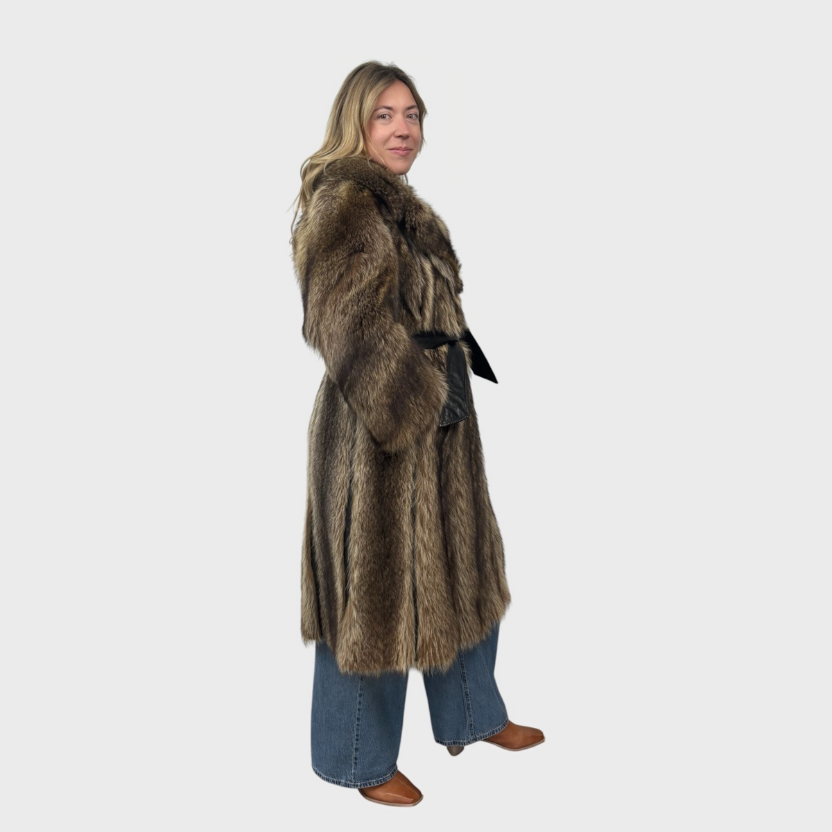 Natural Vintage Petite Raccoon Coat  with Leather Belt