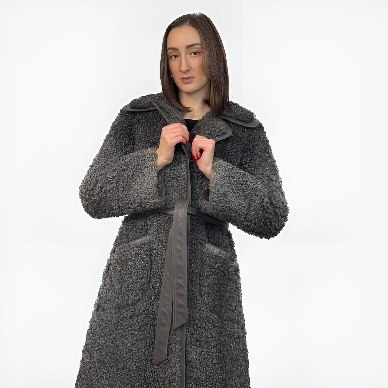 Grey Curly Lamb /Shearling Coat Leather Belt