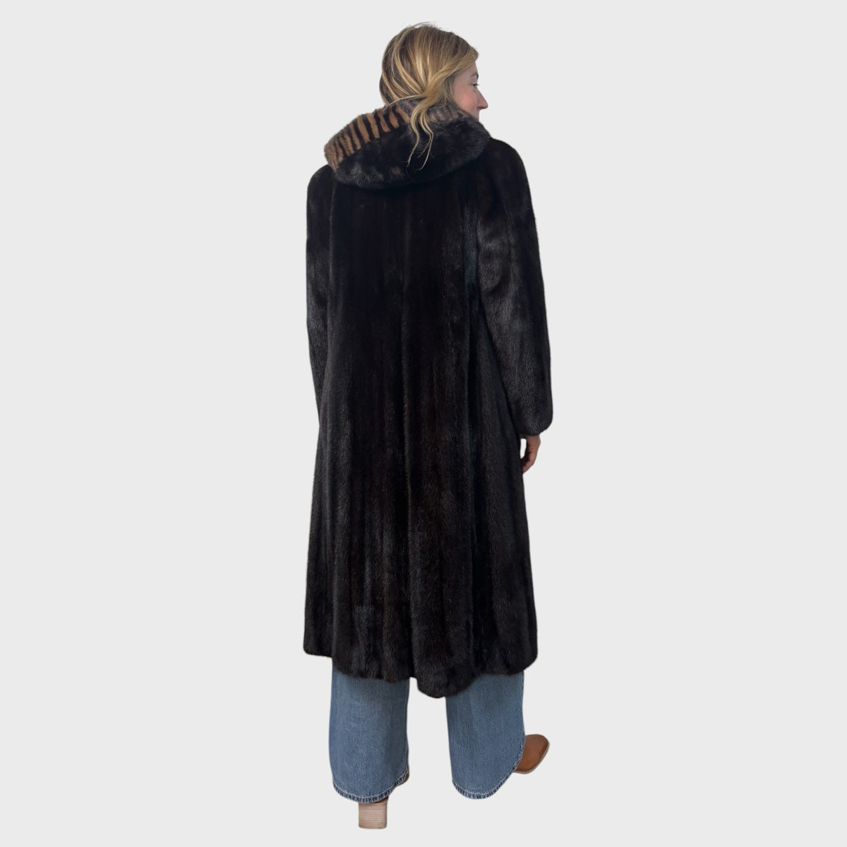 Dark Ranch Mink Coat - Two Tone Trim on Collar and Fronts & Detachable Hood