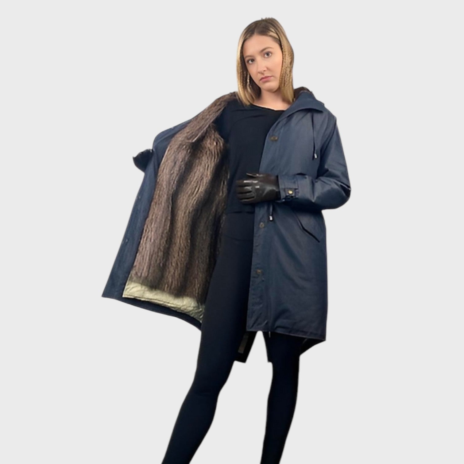 DENIM COTTON TWILL PARKA LINED WITH NATURAL UPCYCLED RACCOON