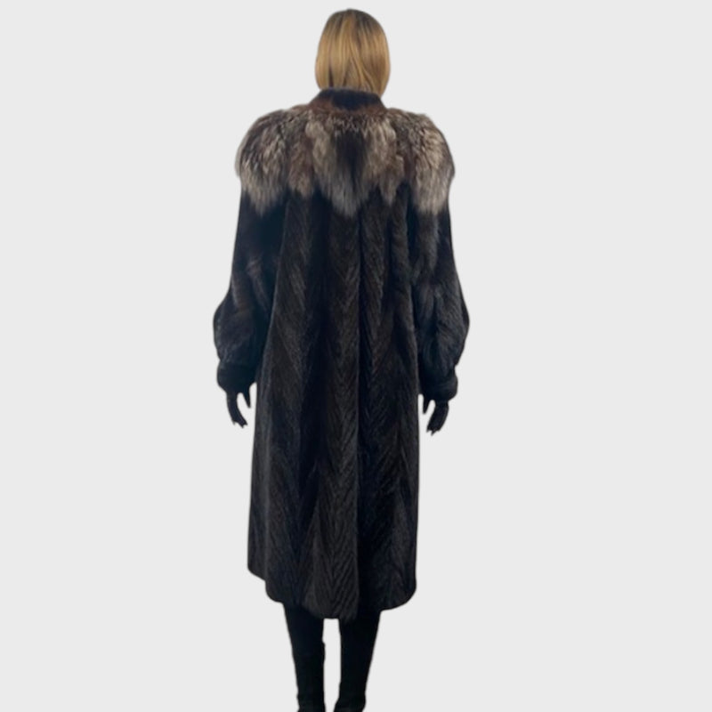 Women's Black Mink Tail Coat Silver Fox trim