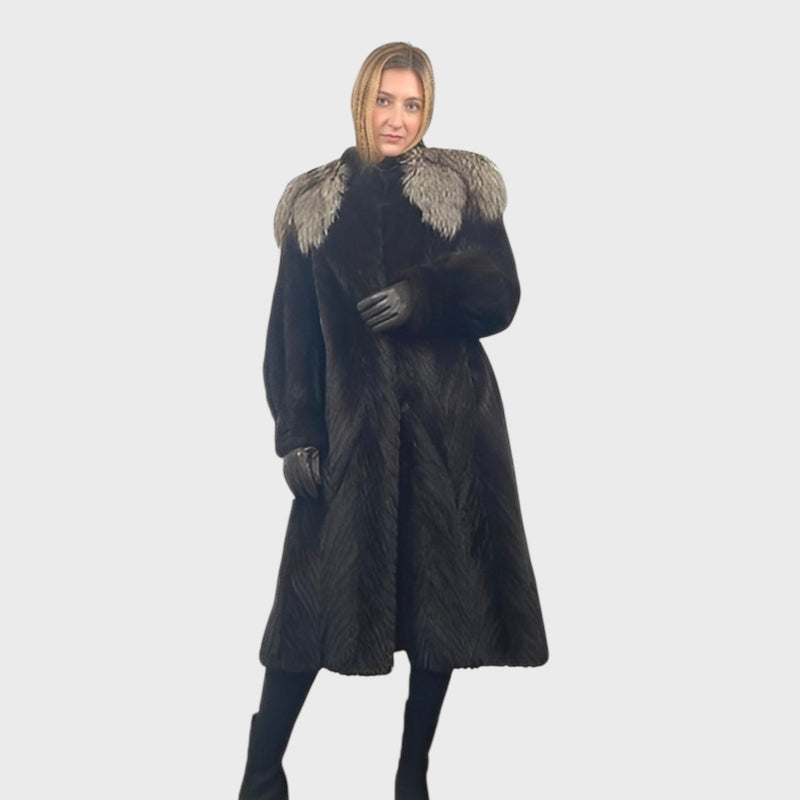 Women's Black Mink Tail Coat Silver Fox trim