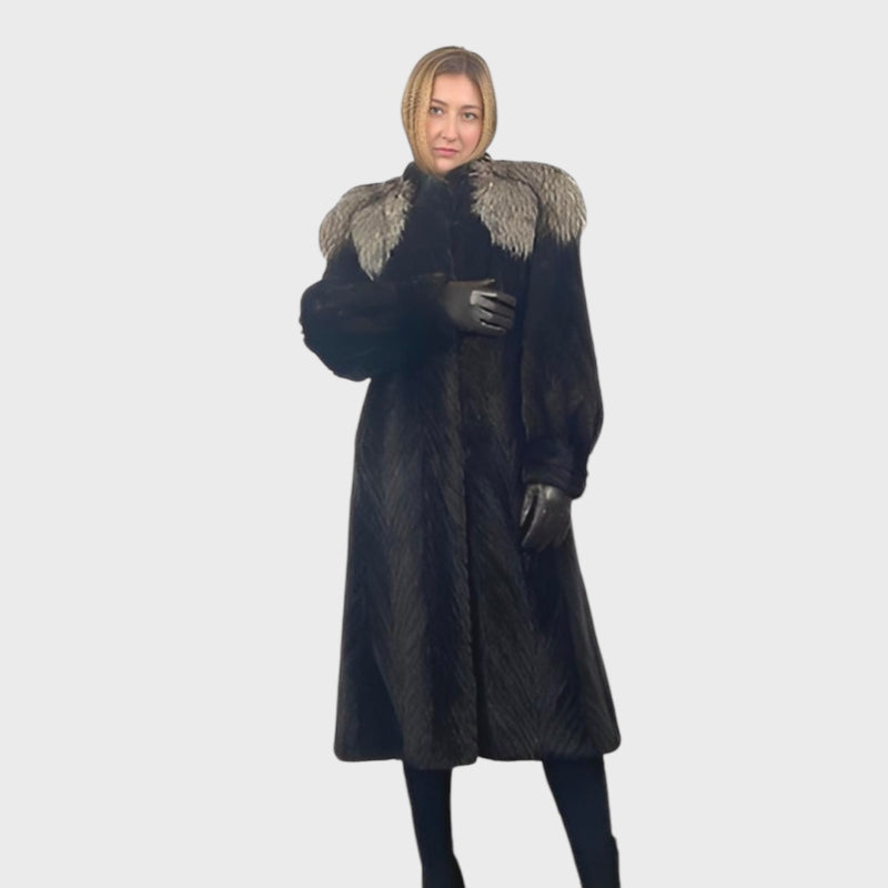 Women's Black Mink Tail Coat Silver Fox trim