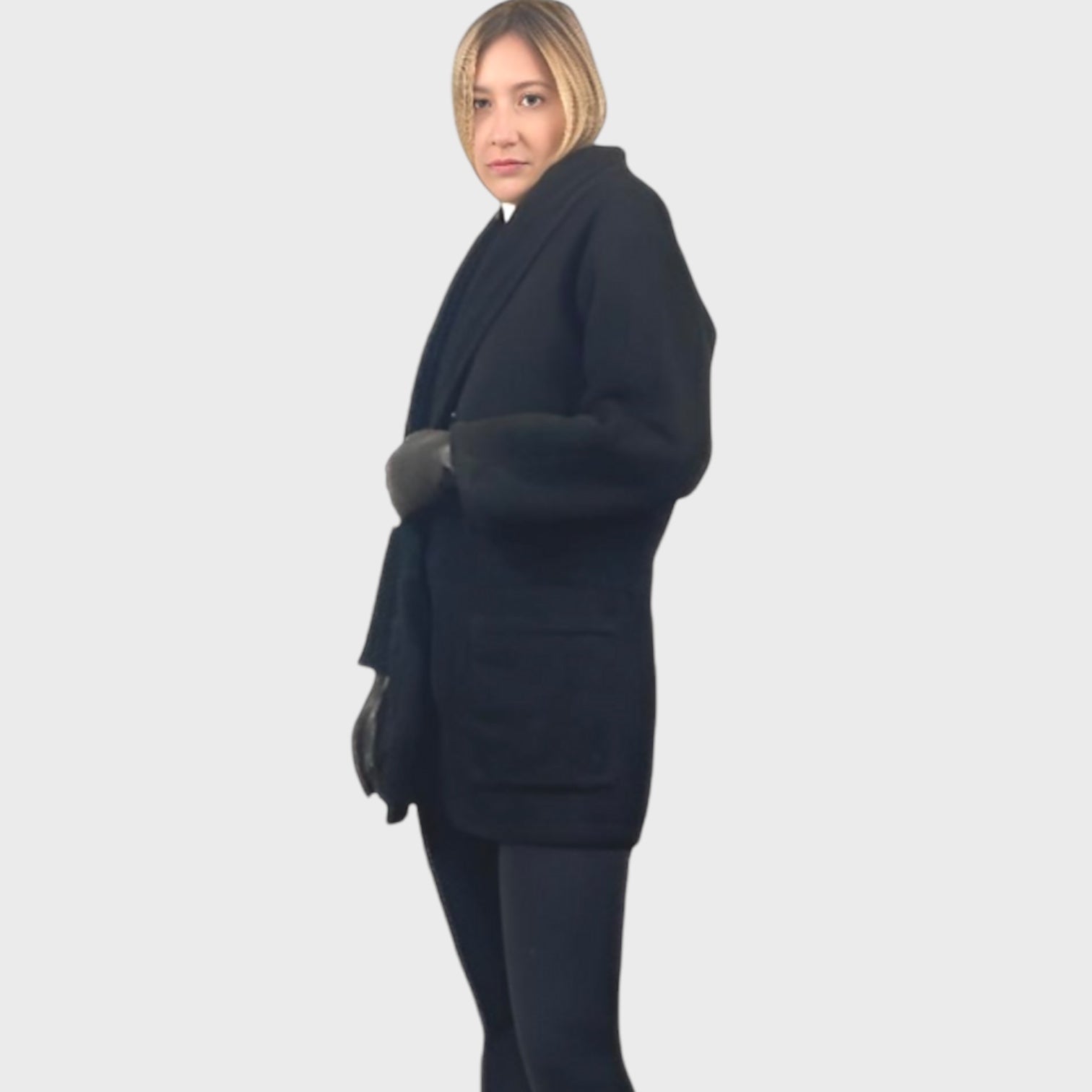 WOMEN'S BLACK SHEARLING CAR COAT