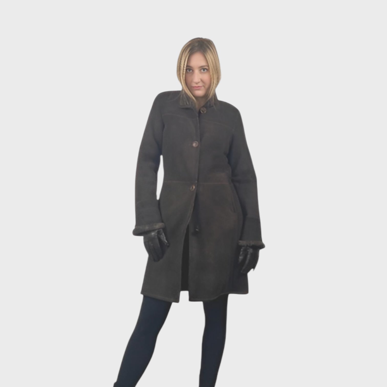 WOMEN'S BROWN 7/8 SHEARLING COAT