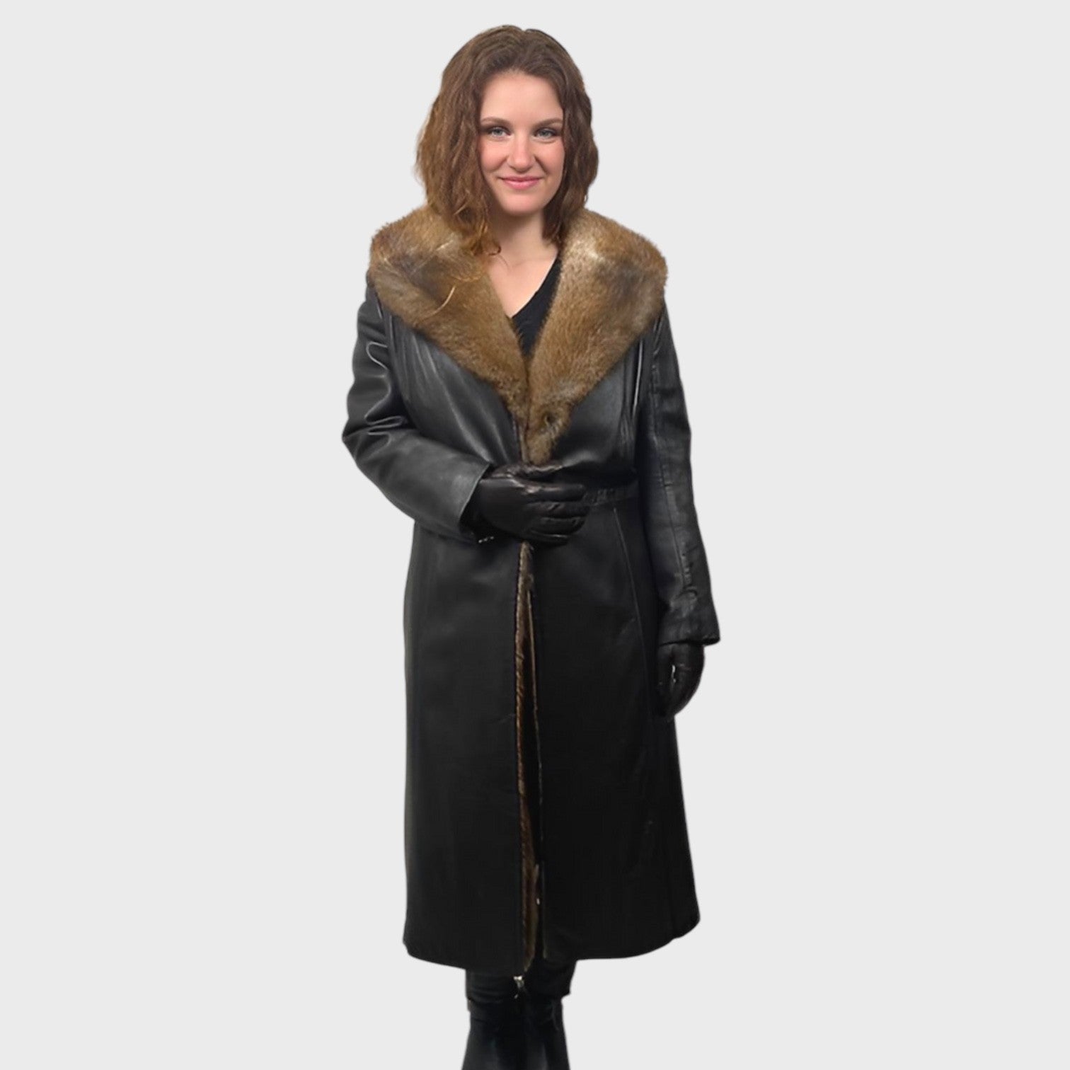 WOMEN'S NATURAL MUSKRAT LINED LEATHER COAT