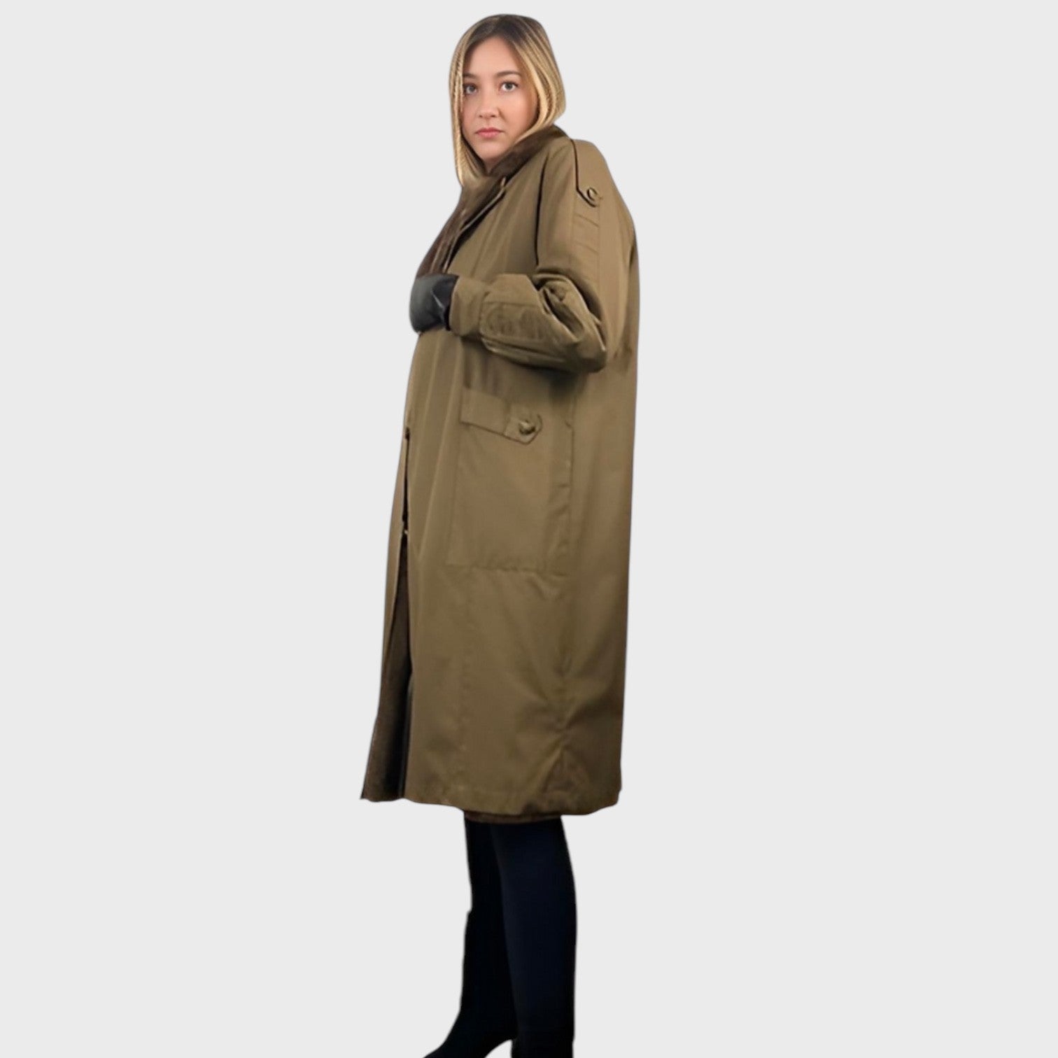 WOMEN'S SHEARED RACCOON LINED FABRIC COAT