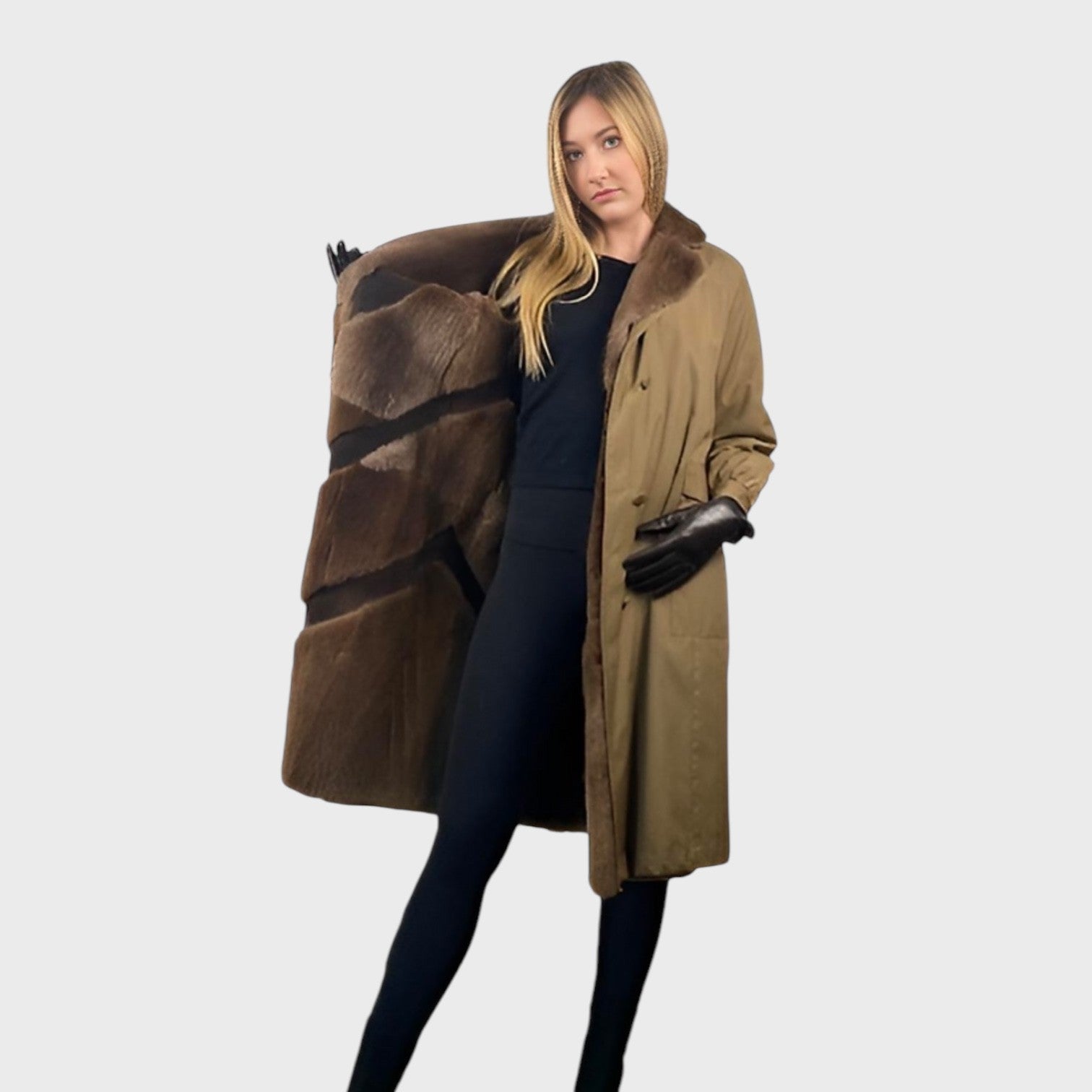 WOMEN'S SHEARED RACCOON LINED FABRIC COAT