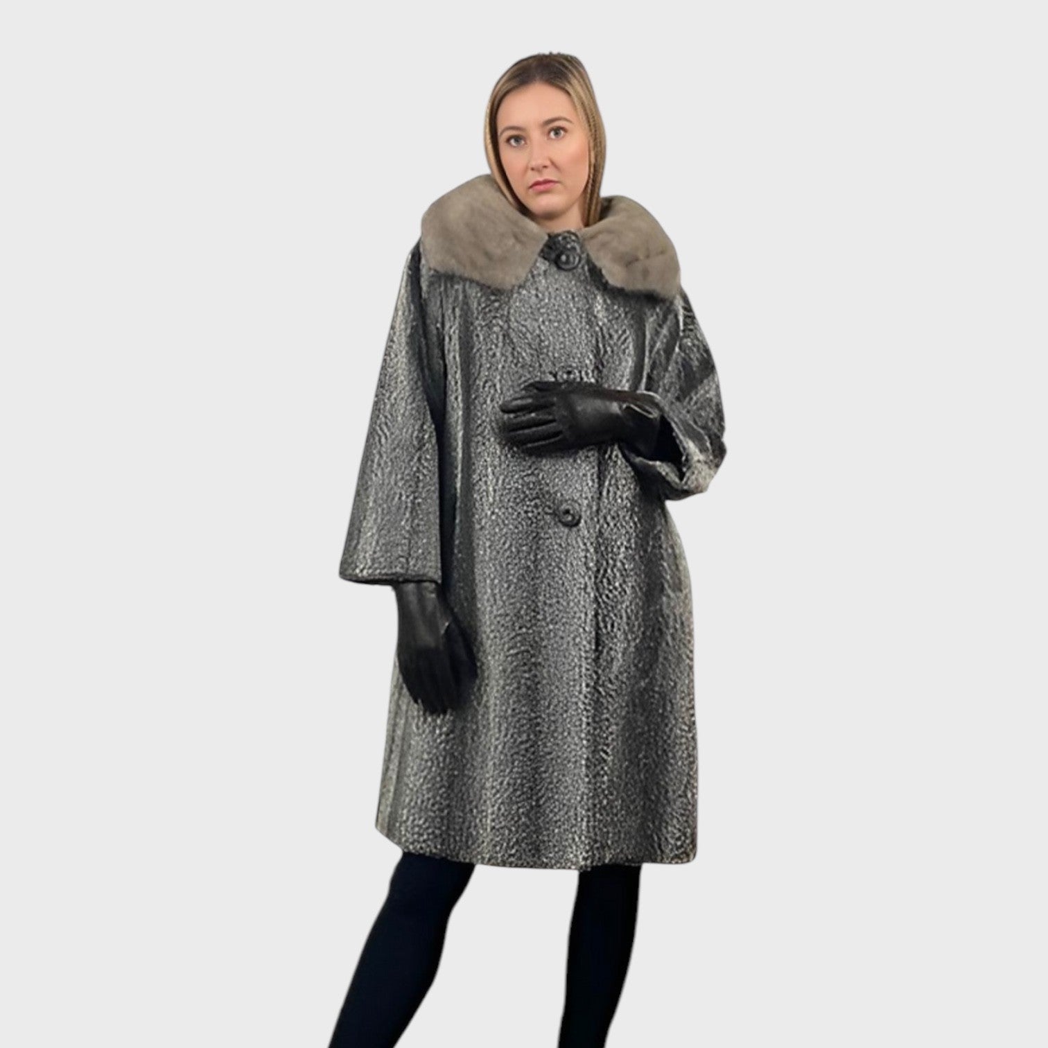 WOMEN'S FAUX GREY PERSIAN LAMB COAT MINK COLLAR