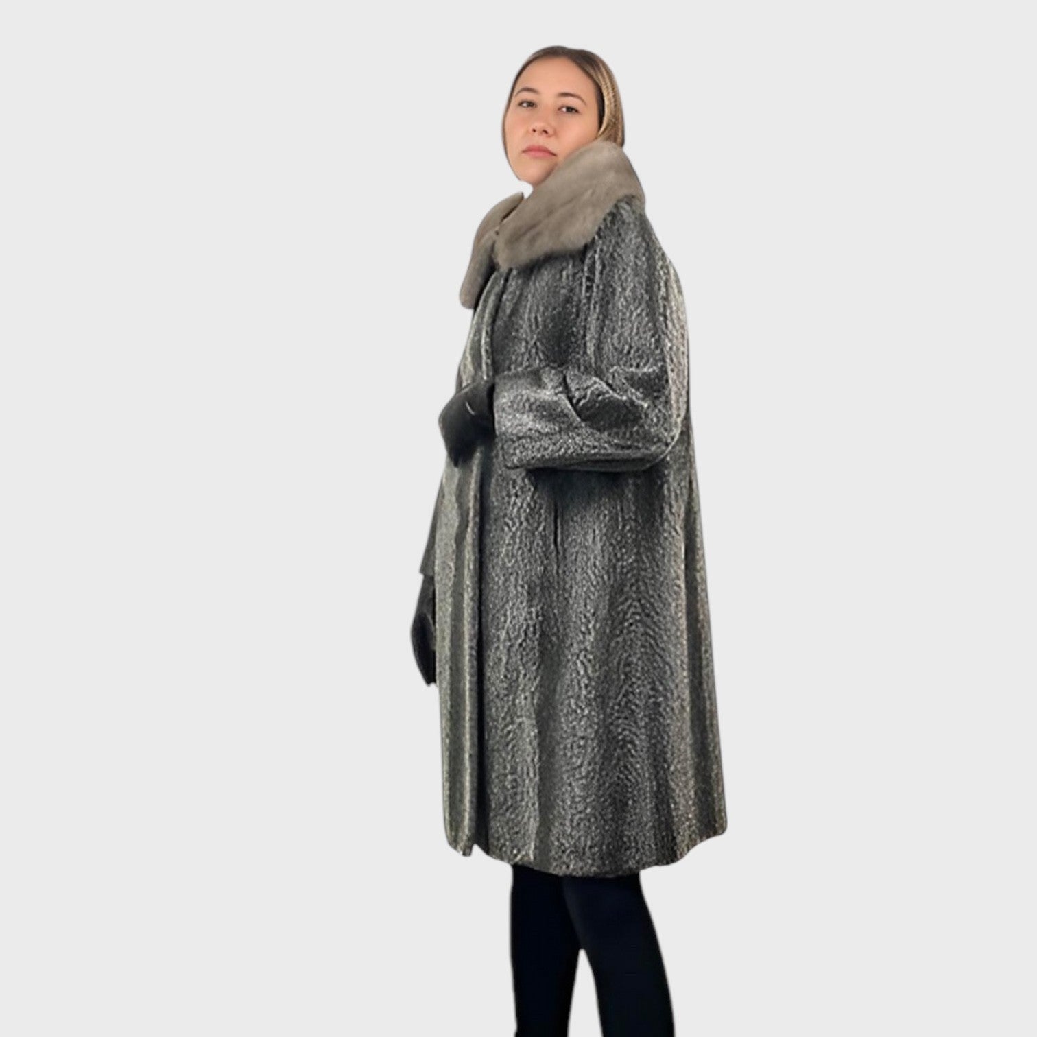 WOMEN'S FAUX GREY PERSIAN LAMB COAT MINK COLLAR
