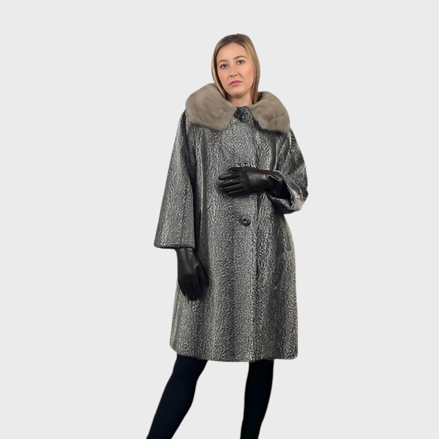 WOMEN'S FAUX GREY PERSIAN LAMB COAT MINK COLLAR