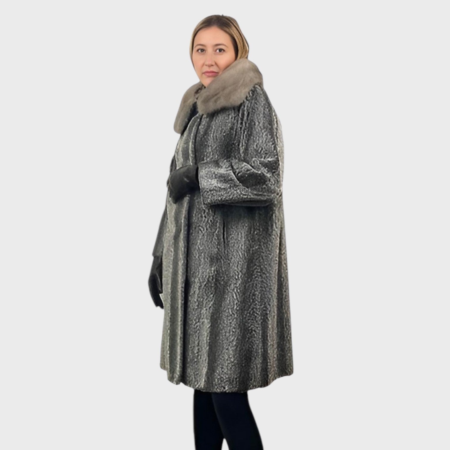 WOMEN'S FAUX GREY PERSIAN LAMB COAT MINK COLLAR
