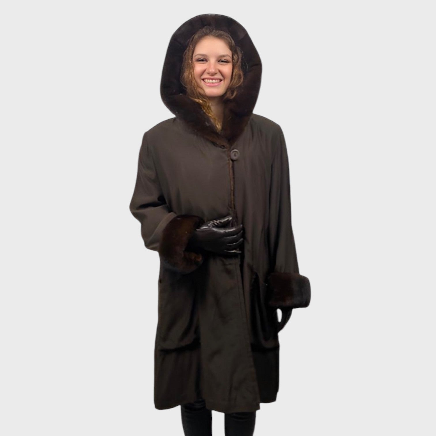 WOMEN'S PLUCKED MINK LINED 3/4 FABRIC COAT TRIMMED WITH  MINK - SIZE L