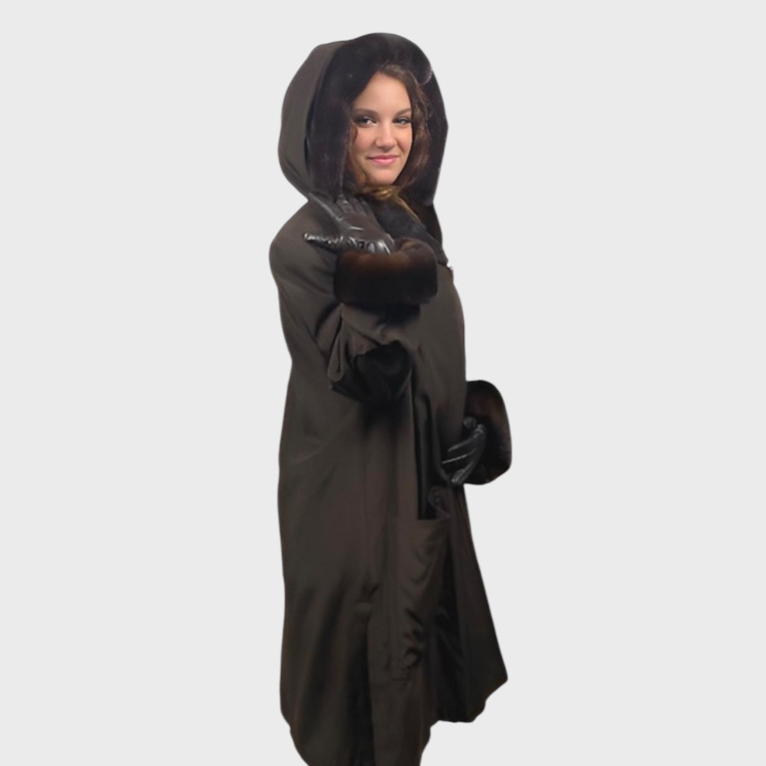 WOMEN'S PLUCKED MINK LINED 3/4 FABRIC COAT TRIMMED WITH  MINK - SIZE L