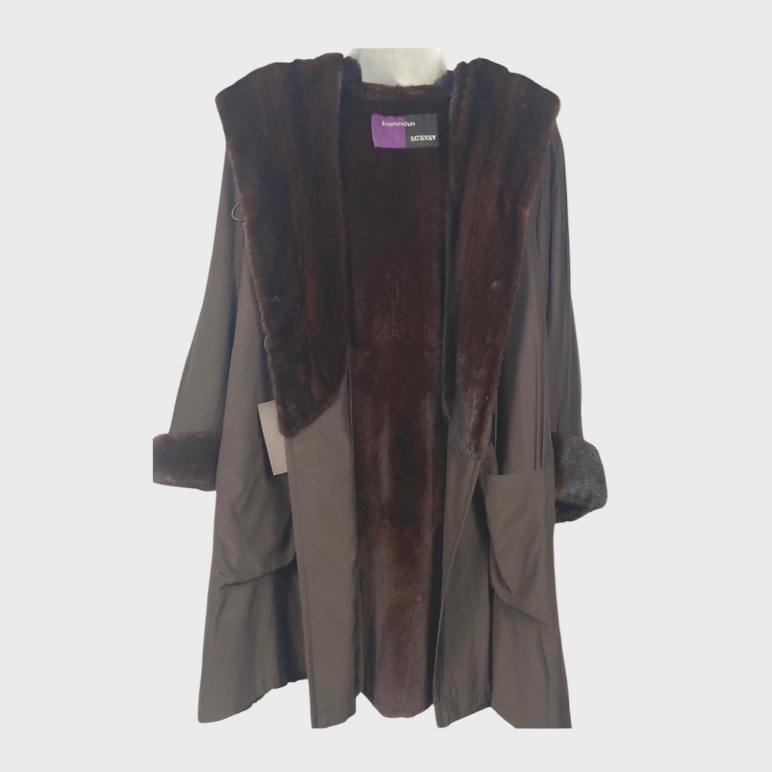 WOMEN'S PLUCKED MINK LINED 3/4 FABRIC COAT TRIMMED WITH  MINK - SIZE L