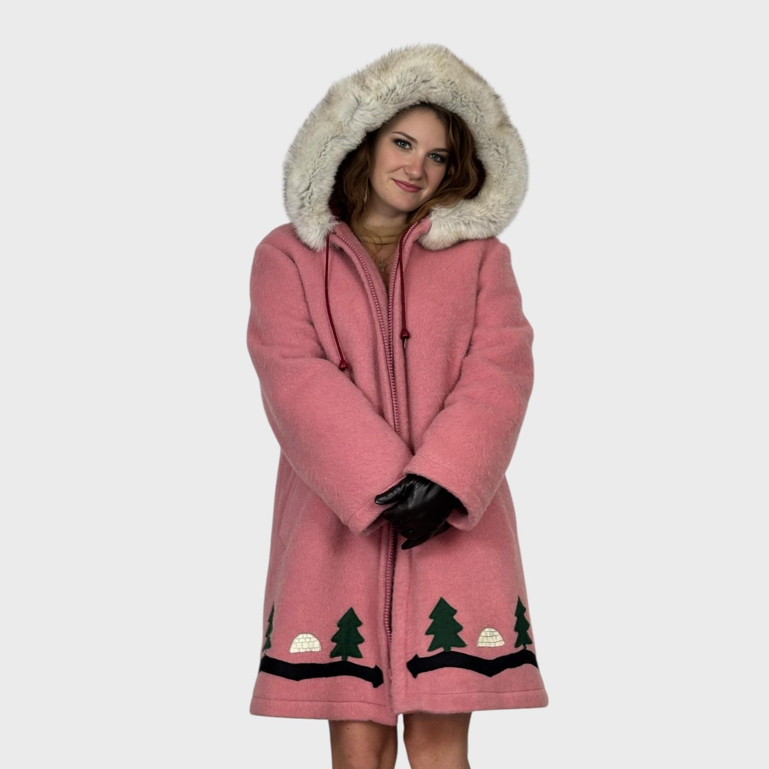 Vintage Pink Inuit Wool Parka Fox Trimmed.