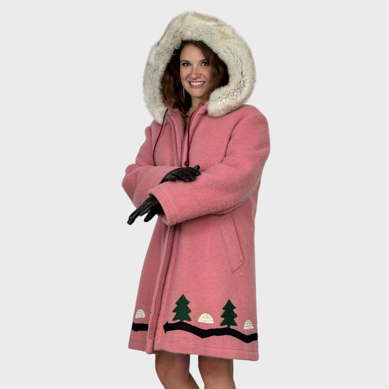 Vintage Pink Inuit Wool Parka Fox Trimmed.