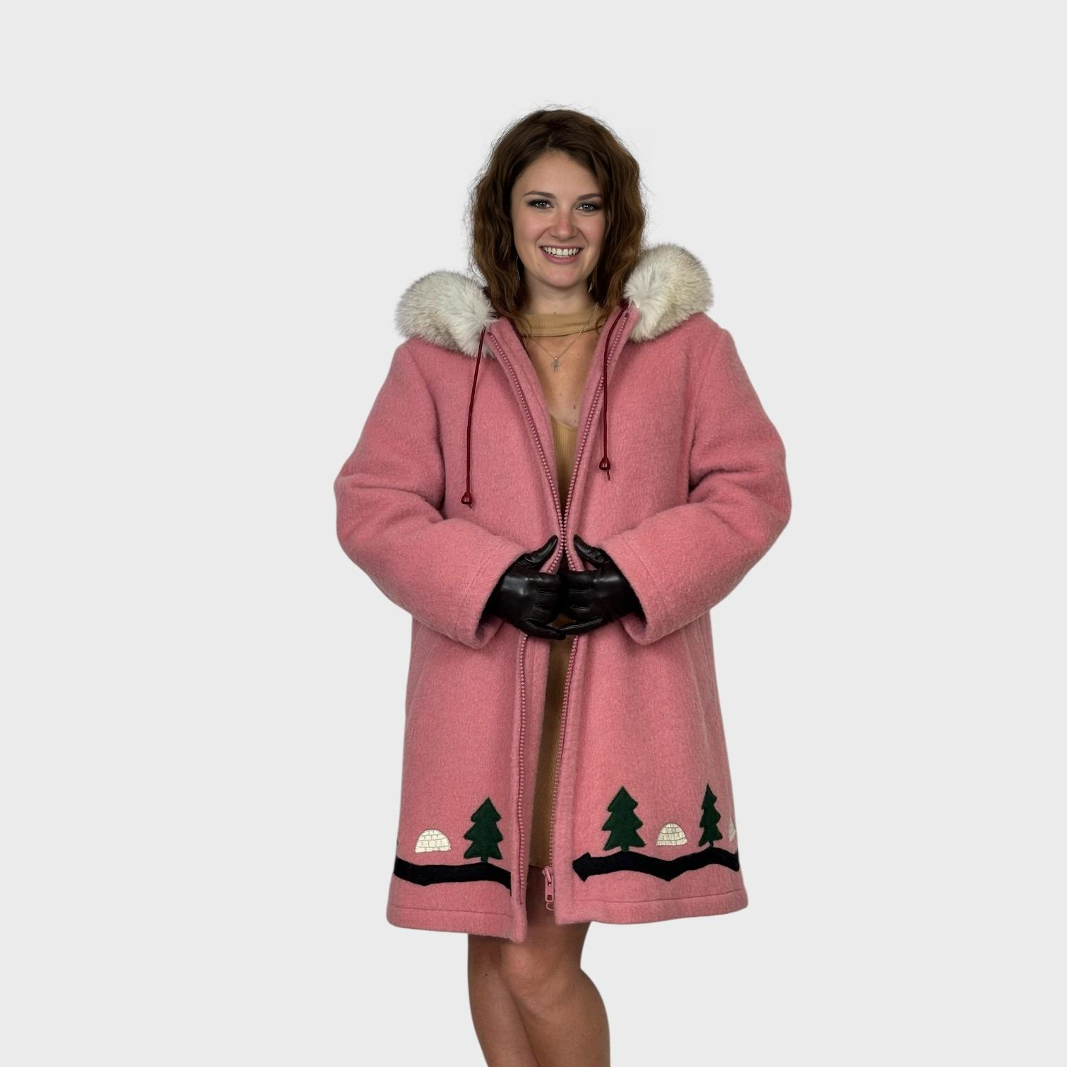 Vintage Pink Inuit Wool Parka Fox Trimmed.