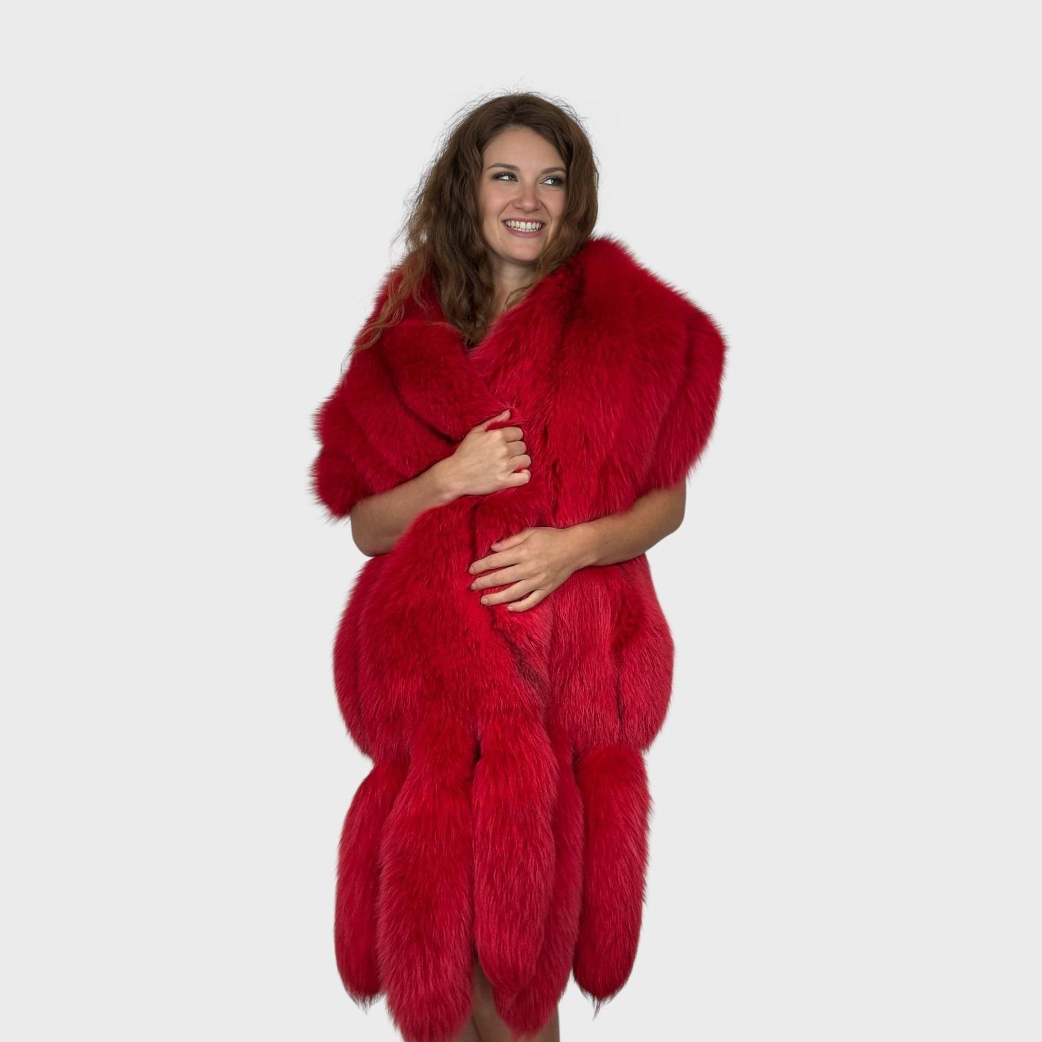 Red Dyed Fox Shawl with Tails