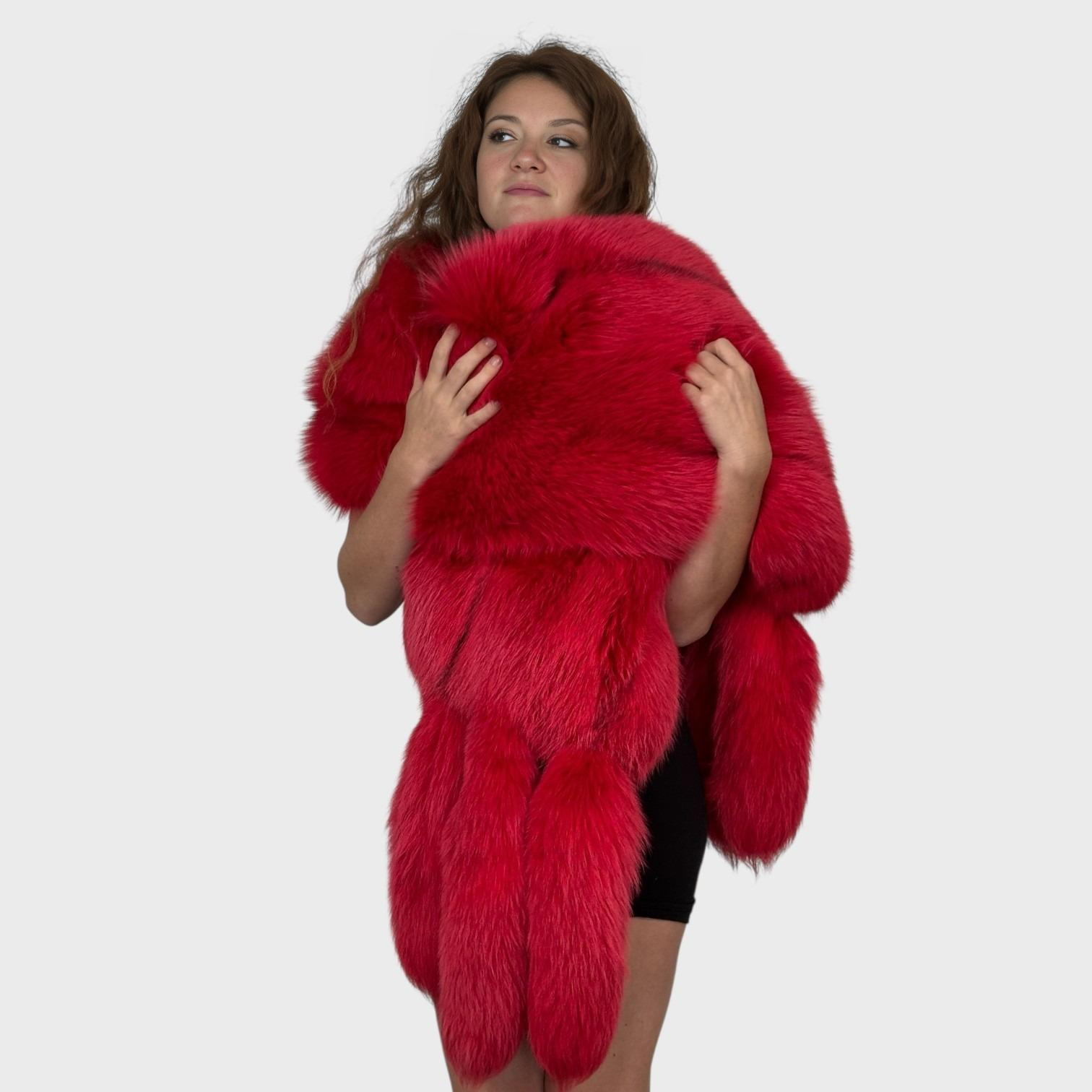 Red Dyed Fox Shawl with Tails