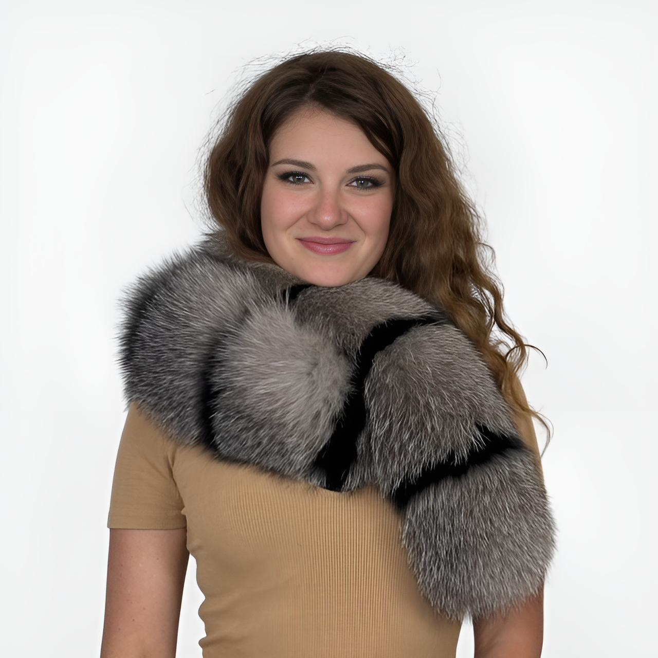 Chic Grey and Black Fox Fur Scarf