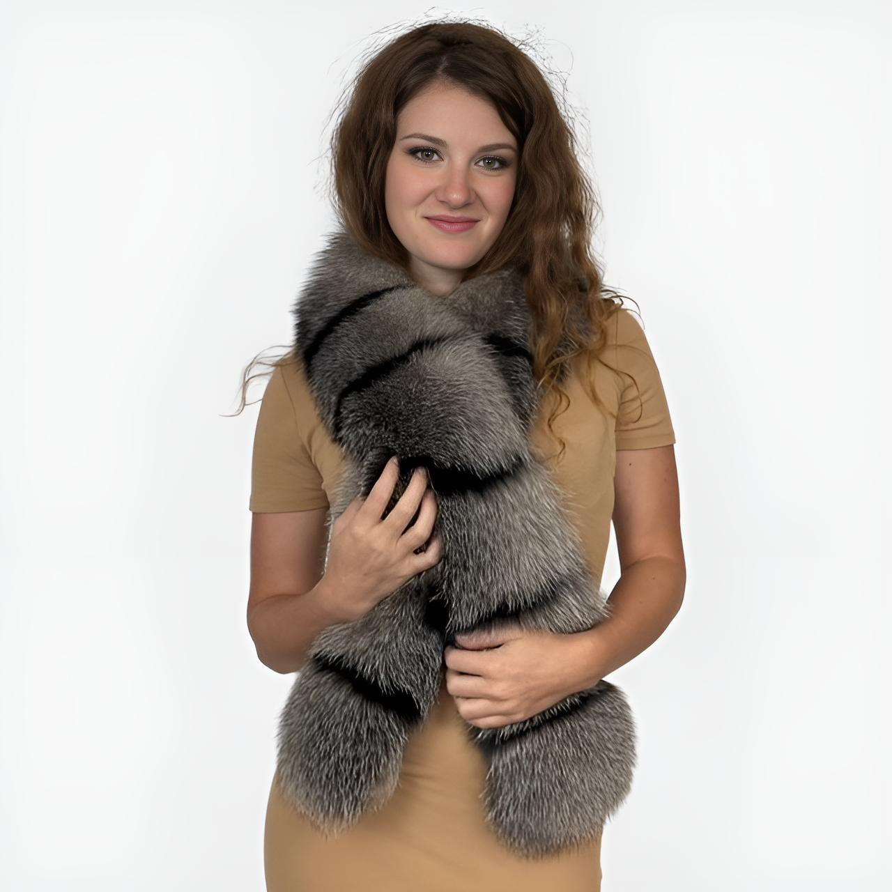 Chic Grey and Black Fox Fur Scarf