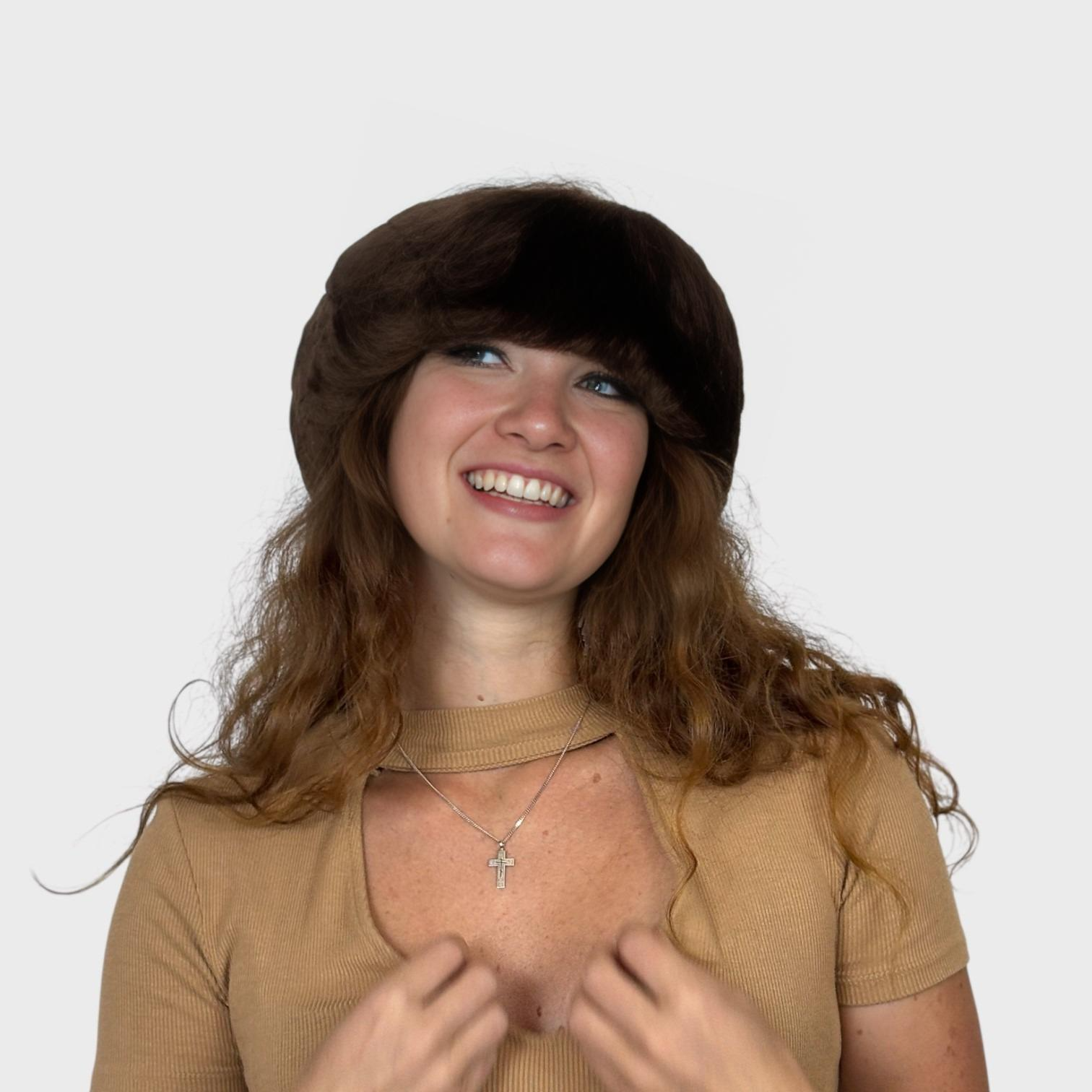 Brown Sheared Beaver Headband with pompoms
