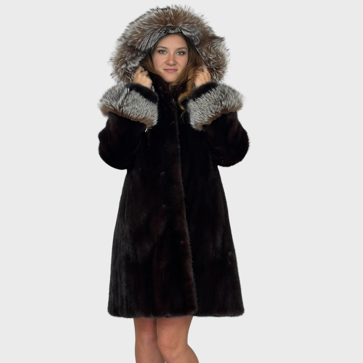 Dark Ranch mink 3/4 Jacket - Upcycled fur - Detachable hood-Fox Trim