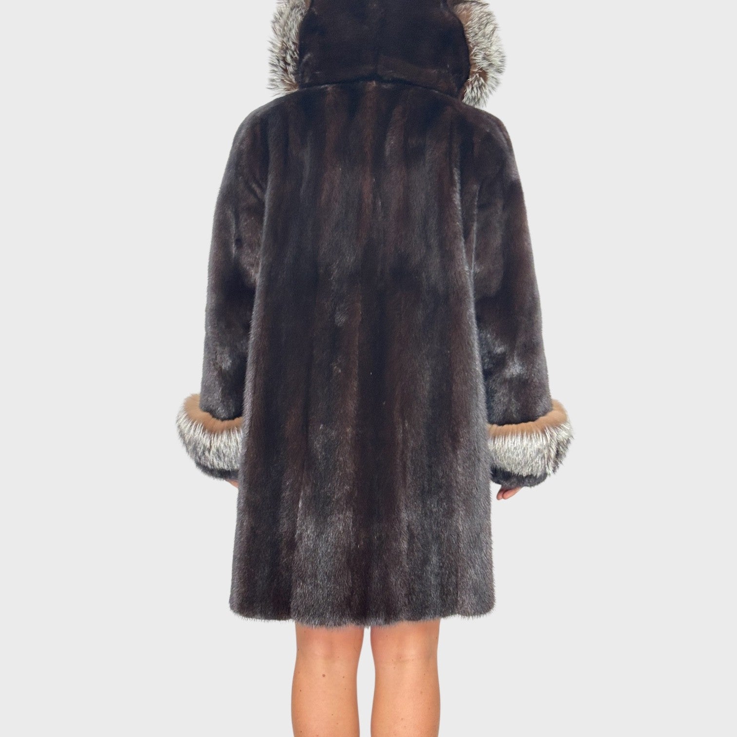 Dark Ranch mink 3/4 Jacket - Upcycled fur - Detachable hood-Fox Trim
