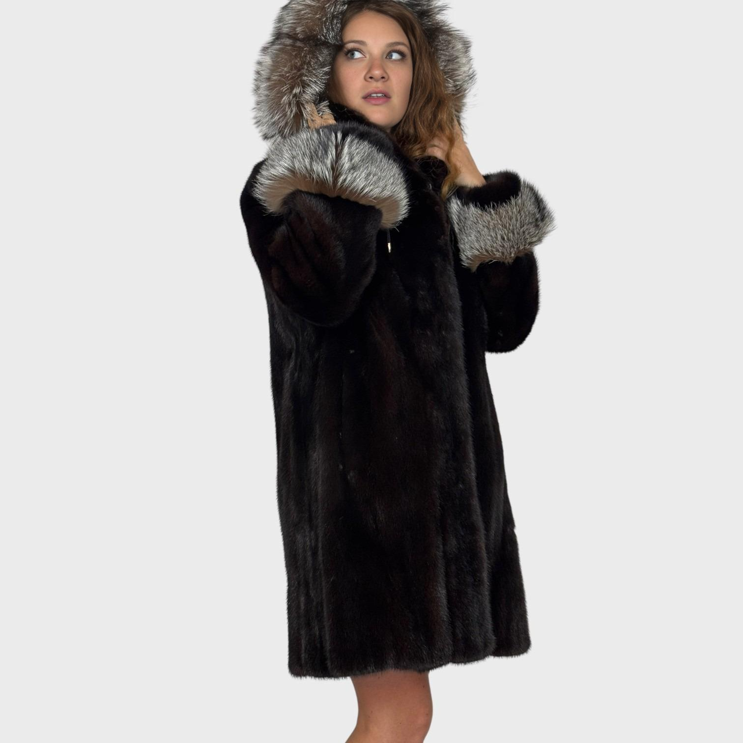 Dark Ranch mink 3/4 Jacket - Upcycled fur - Detachable hood-Fox Trim