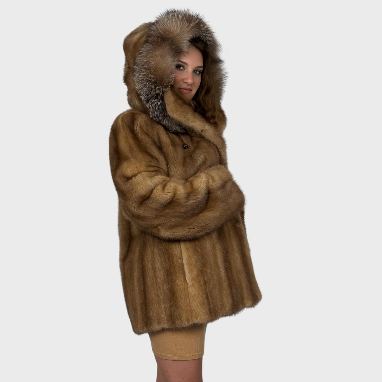 Pastel Mink Jacket-Upcycled fur - Detachable Hood-Crystal Fox Trim