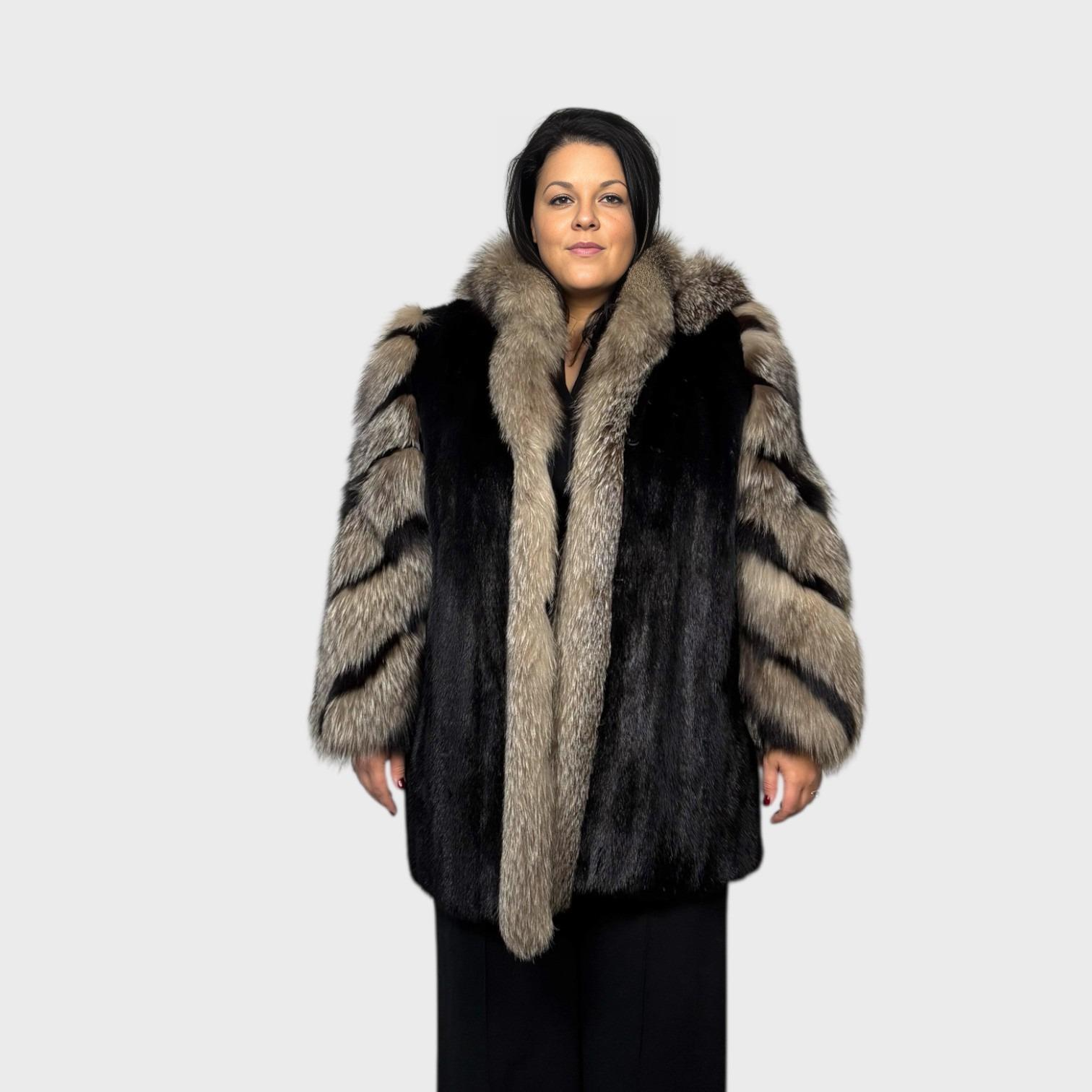 Black Mink Jacket with Detachable Hood - Indigo Fox Trim