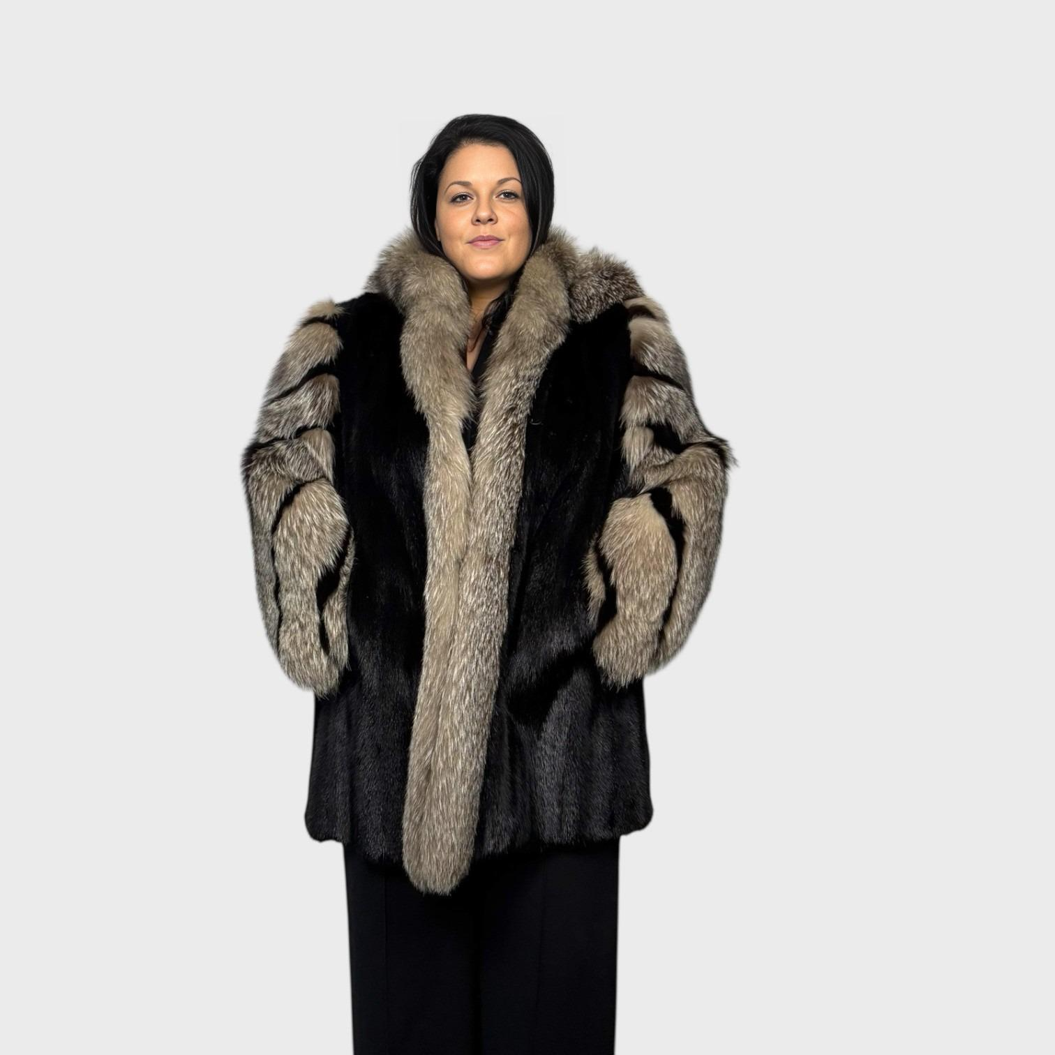 Black Mink Jacket with Detachable Hood - Indigo Fox Trim