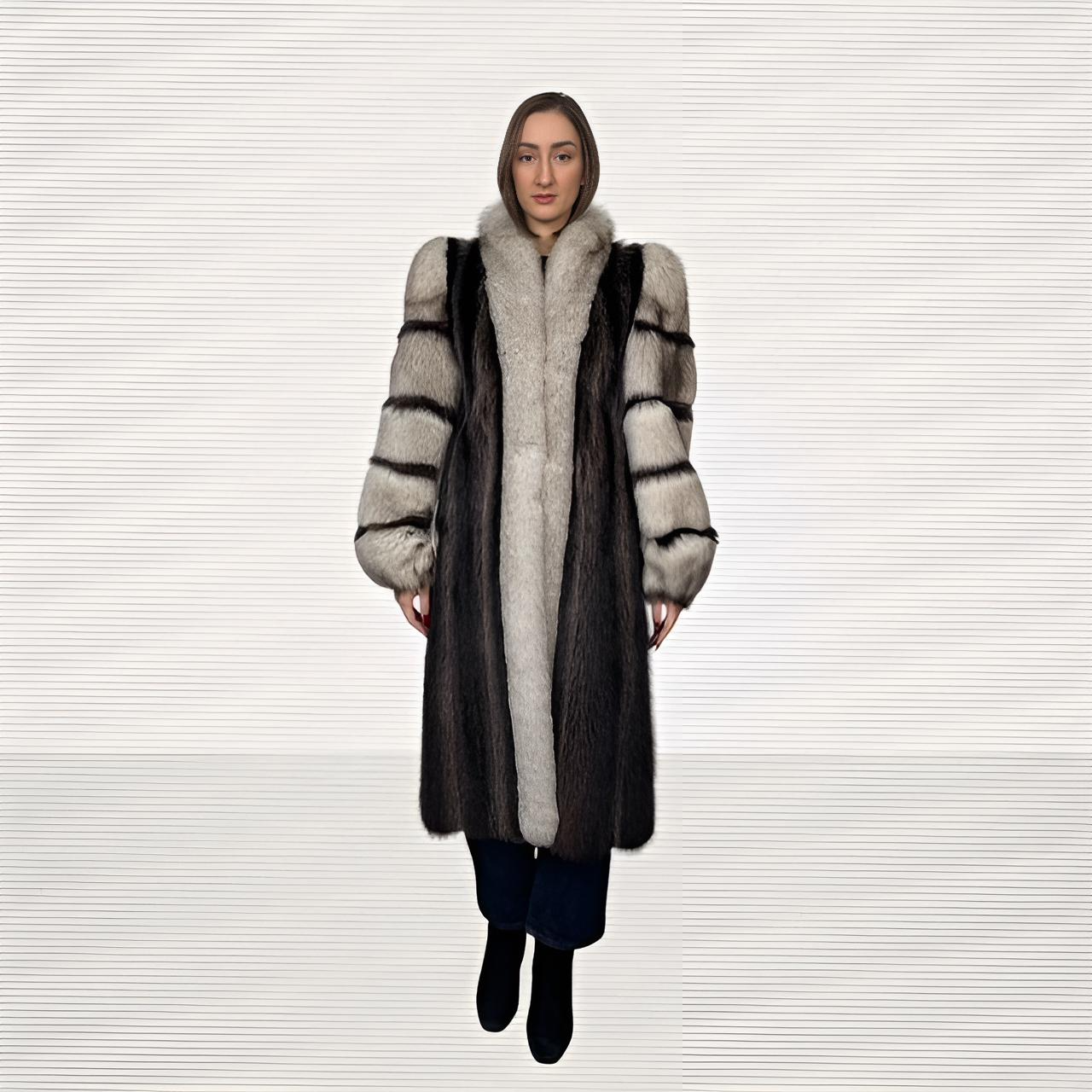 Raccoon Coat with Blue Fox Tuxedo and Sleeves