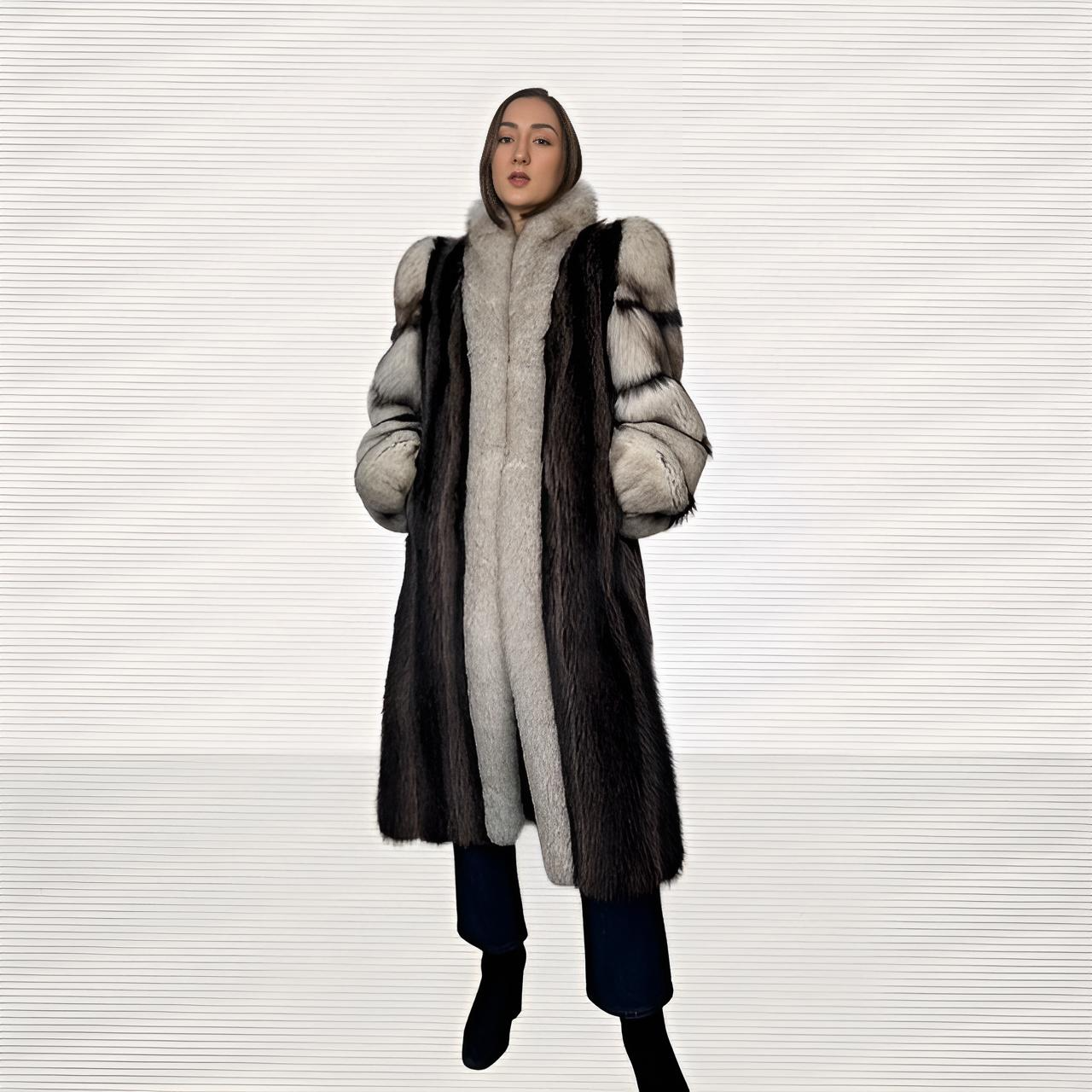 Raccoon Coat with Blue Fox Tuxedo and Sleeves