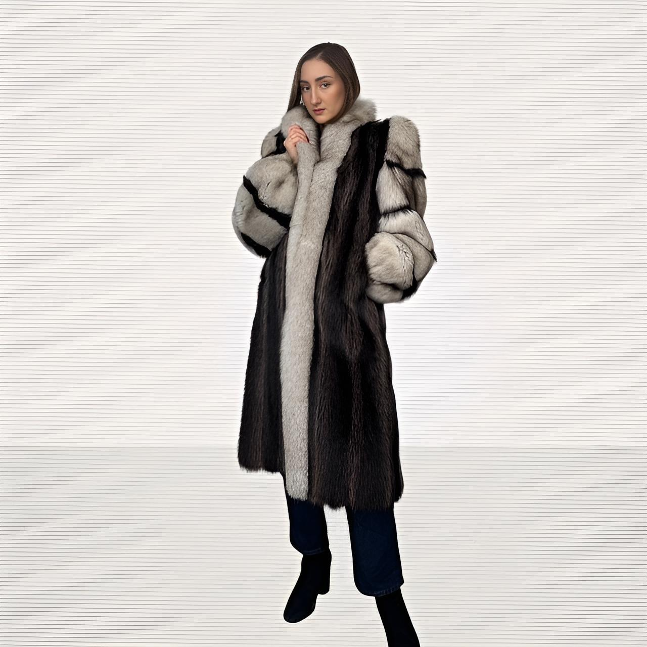 Raccoon Coat with Blue Fox Tuxedo and Sleeves