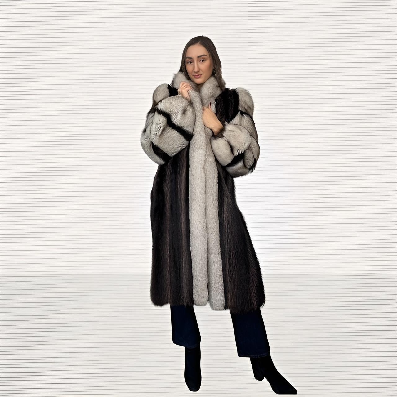 Raccoon Coat with Blue Fox Tuxedo and Sleeves