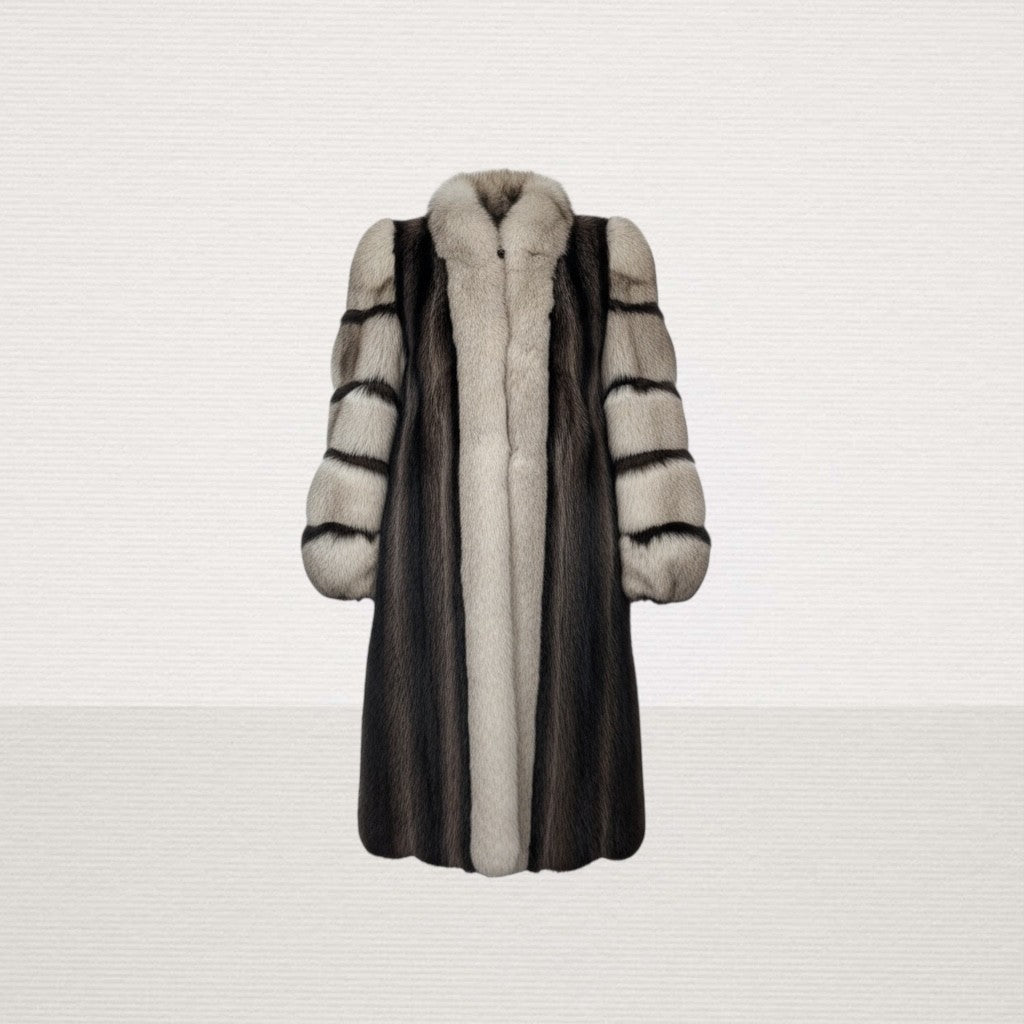 Raccoon Coat with Blue Fox Tuxedo and Sleeves