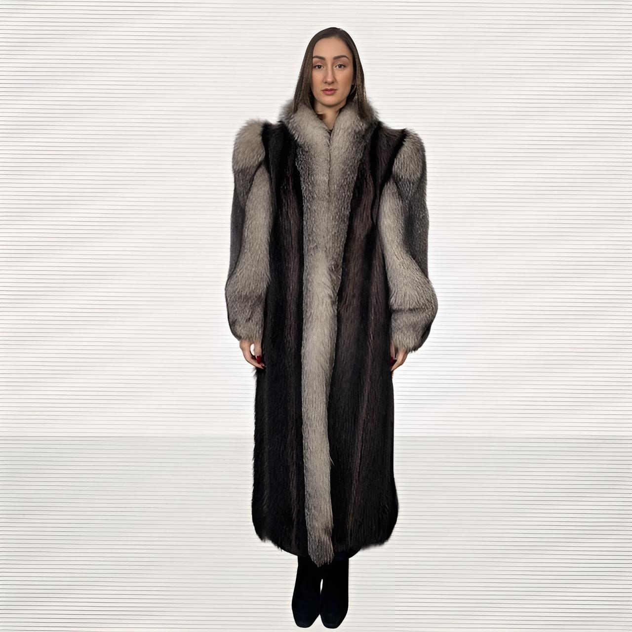 Raccoon Coat With Indigo  Fox Tuxedo and Sleeves Trim