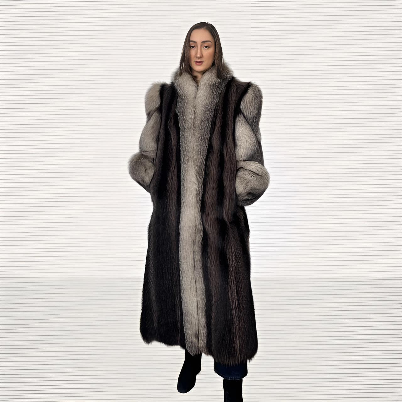 Raccoon Coat With Indigo  Fox Tuxedo and Sleeves Trim