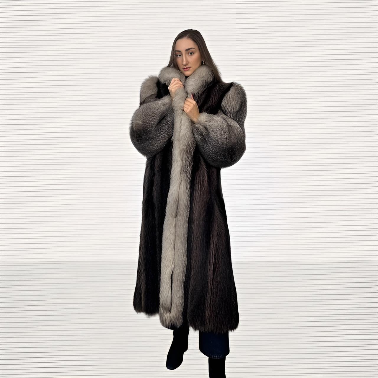 Raccoon Coat With Indigo  Fox Tuxedo and Sleeves Trim