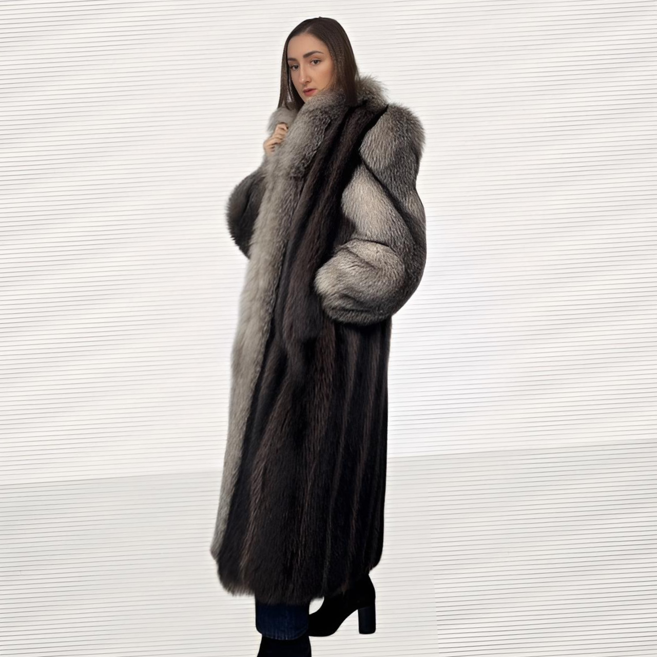 Raccoon Coat With Indigo  Fox Tuxedo and Sleeves Trim