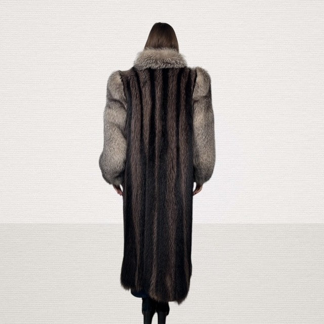 Raccoon Coat With Indigo  Fox Tuxedo and Sleeves Trim