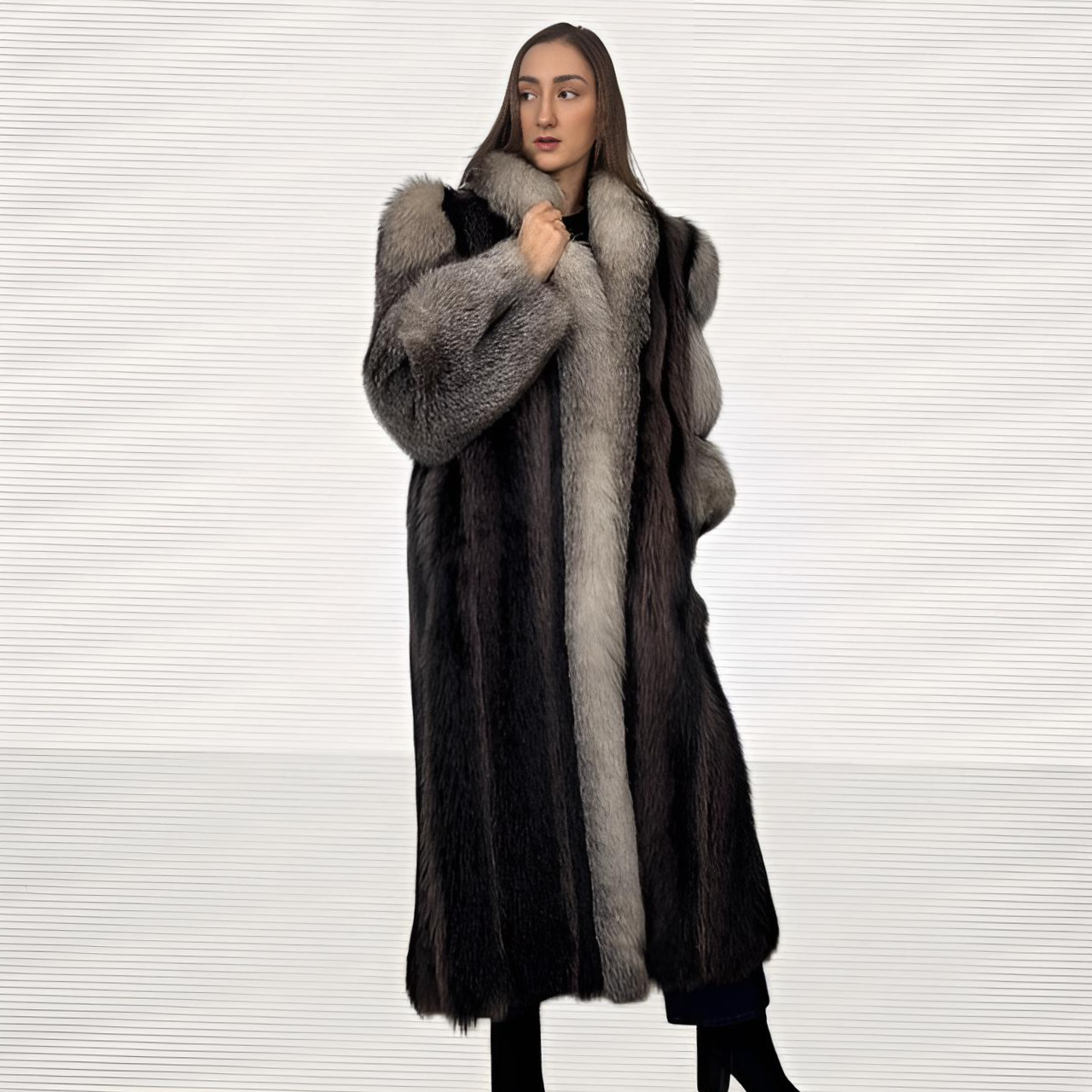 Raccoon Coat With Indigo  Fox Tuxedo and Sleeves Trim