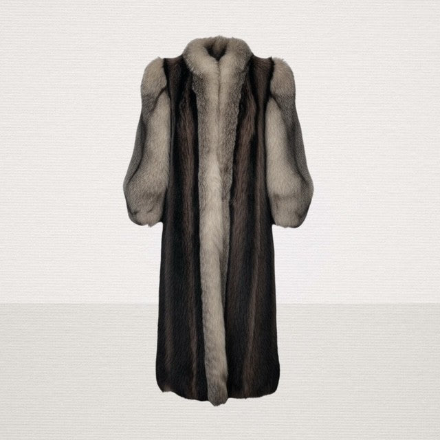 Raccoon Coat With Indigo  Fox Tuxedo and Sleeves Trim