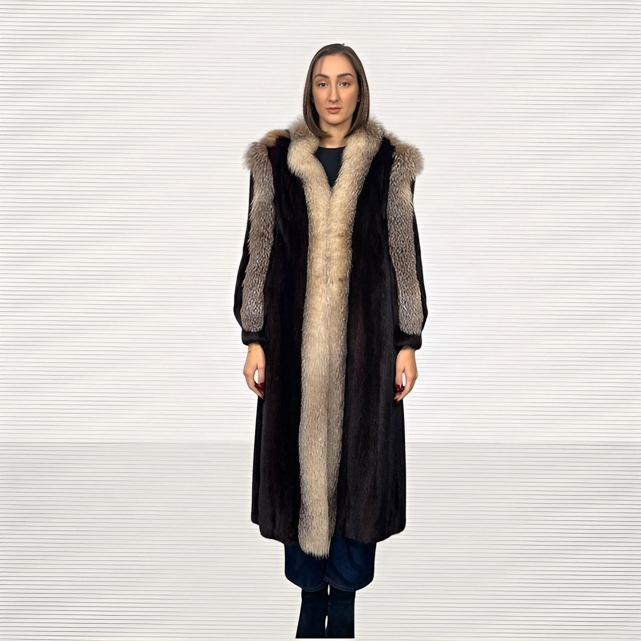 Mahogany Mink Coat with Crystal Fox Trim - Detachable Hood