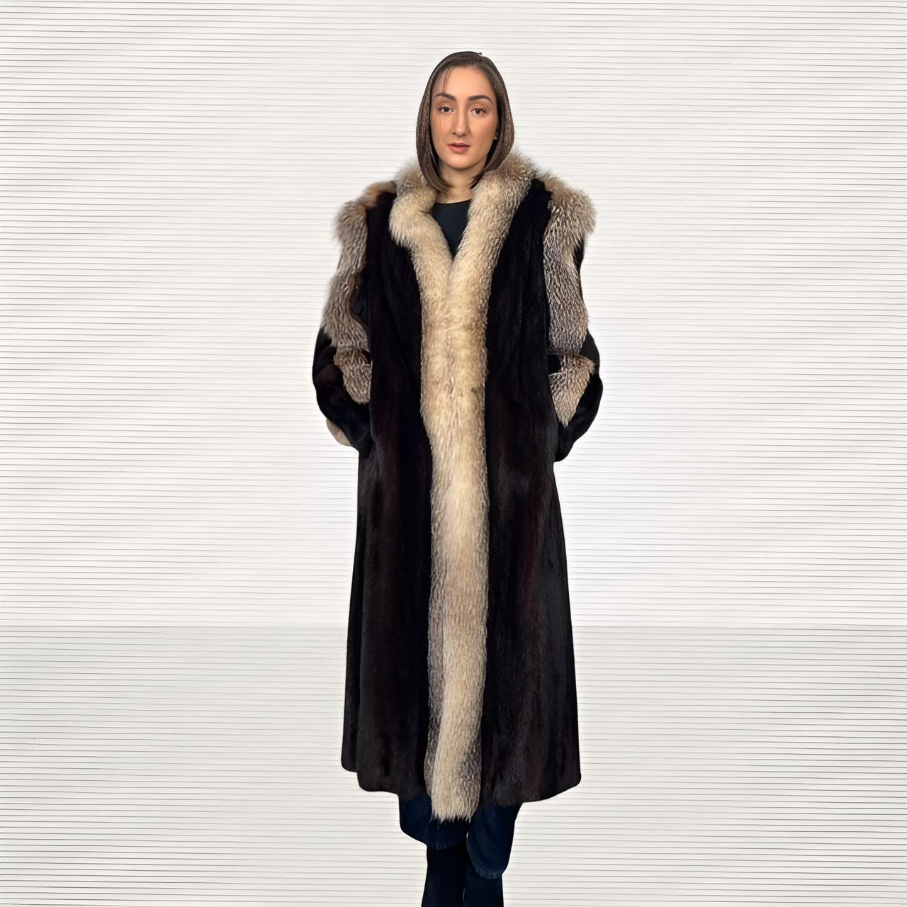Mahogany Mink Coat with Crystal Fox Trim - Detachable Hood