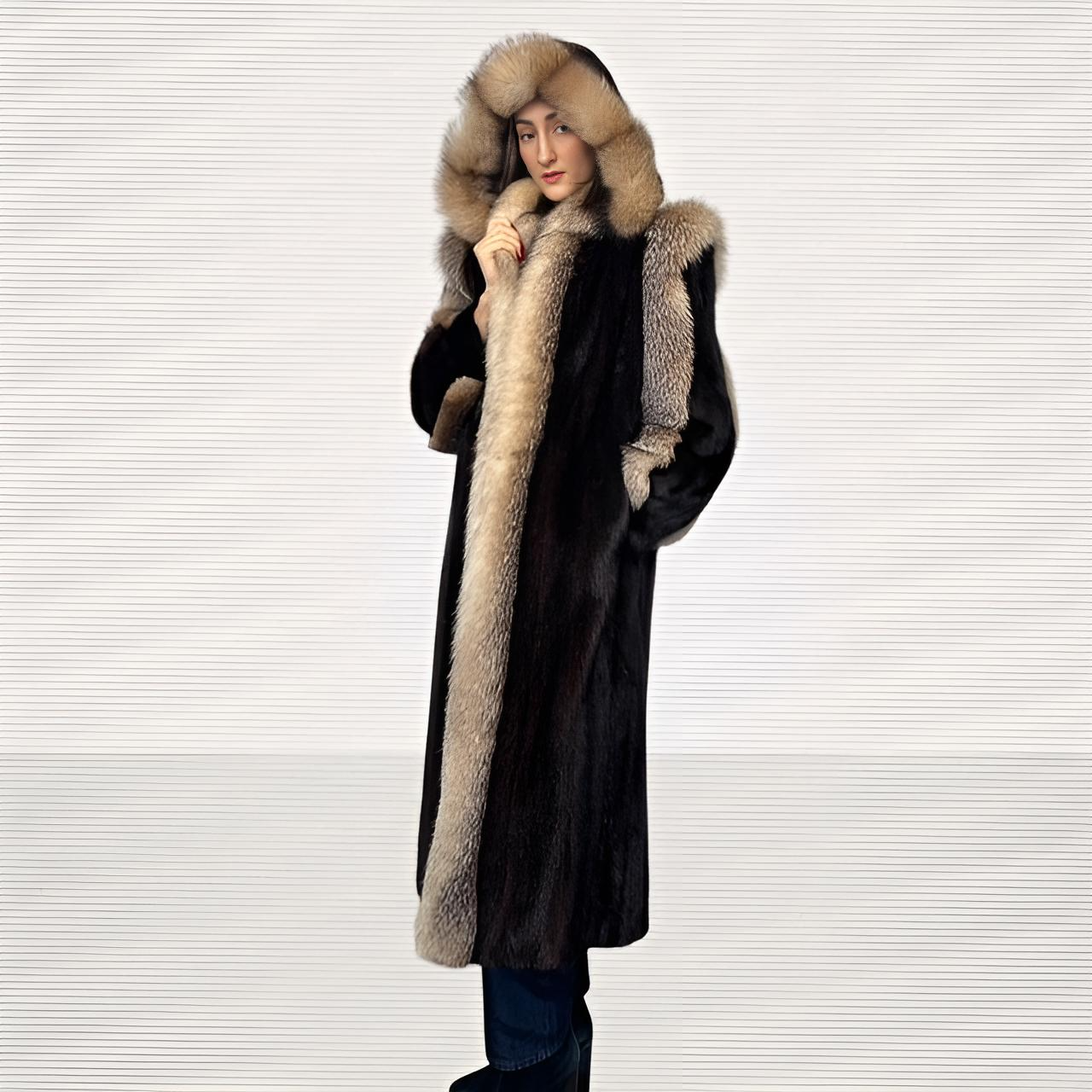 Mahogany Mink Coat with Crystal Fox Trim - Detachable Hood