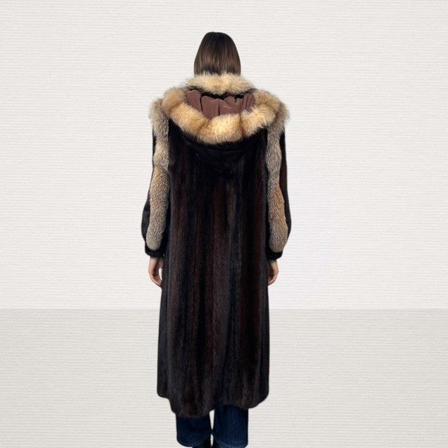 Mahogany Mink Coat with Crystal Fox Trim - Detachable Hood